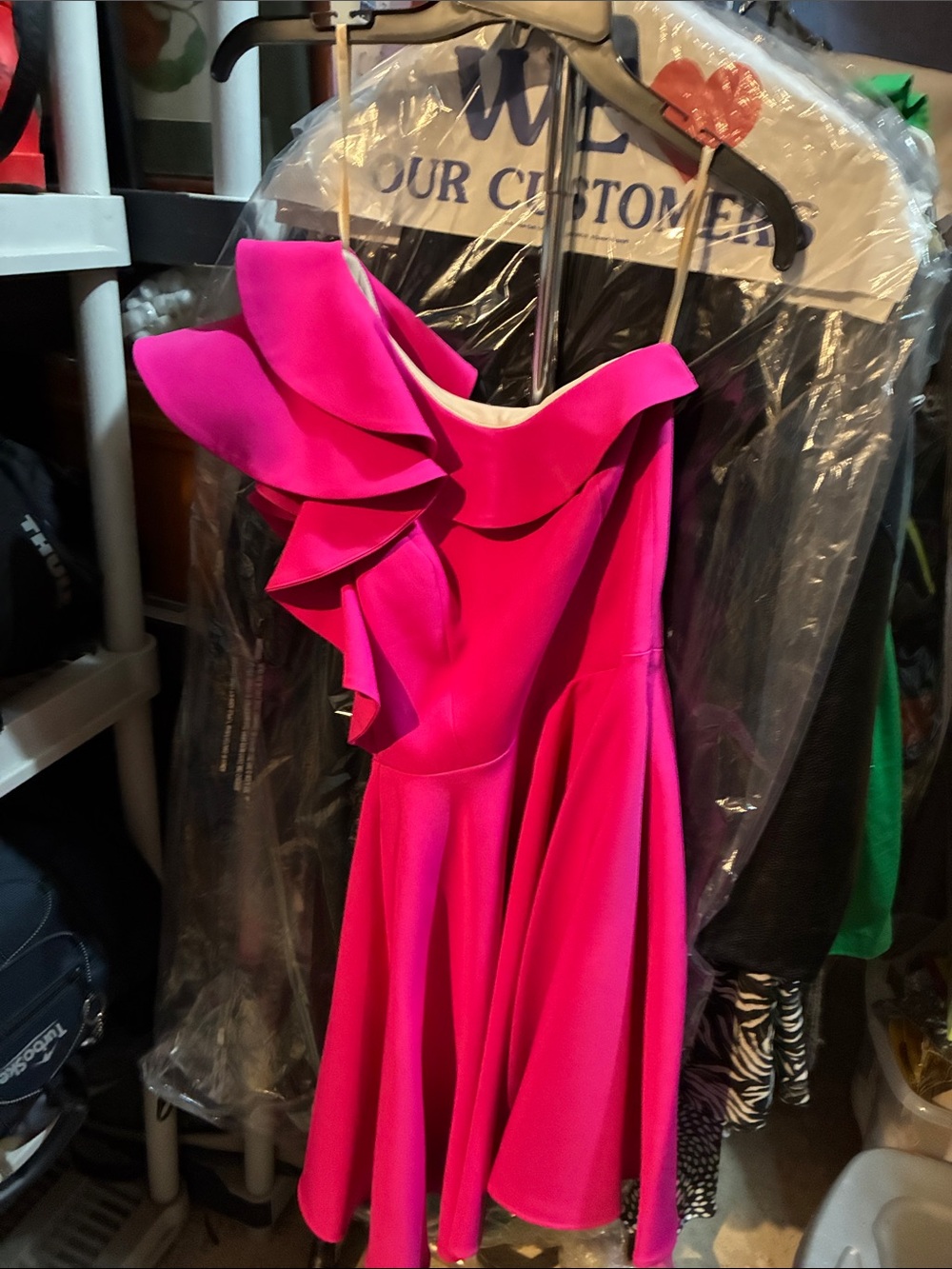Posh Couture One-Shoulder Hot Pink Ruffle Party Dress